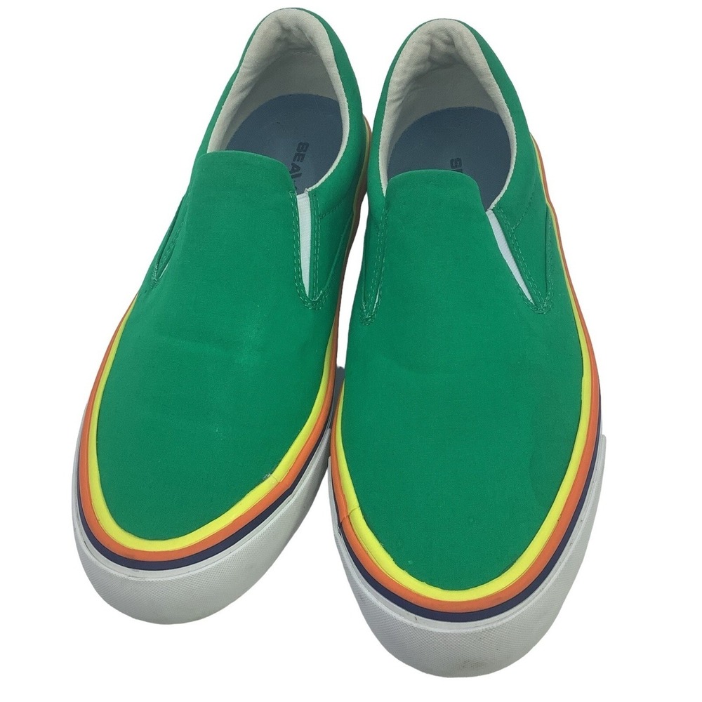 Seavees Hawthorne Slip On Sneakers Green Canvas Rainbow Stripe Womens Shoes